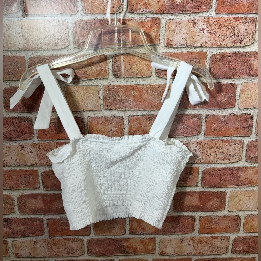 White Smocked tie shoulder cottagecore country cowgirl summer top Loveriche sz M - Picture 2 of 7